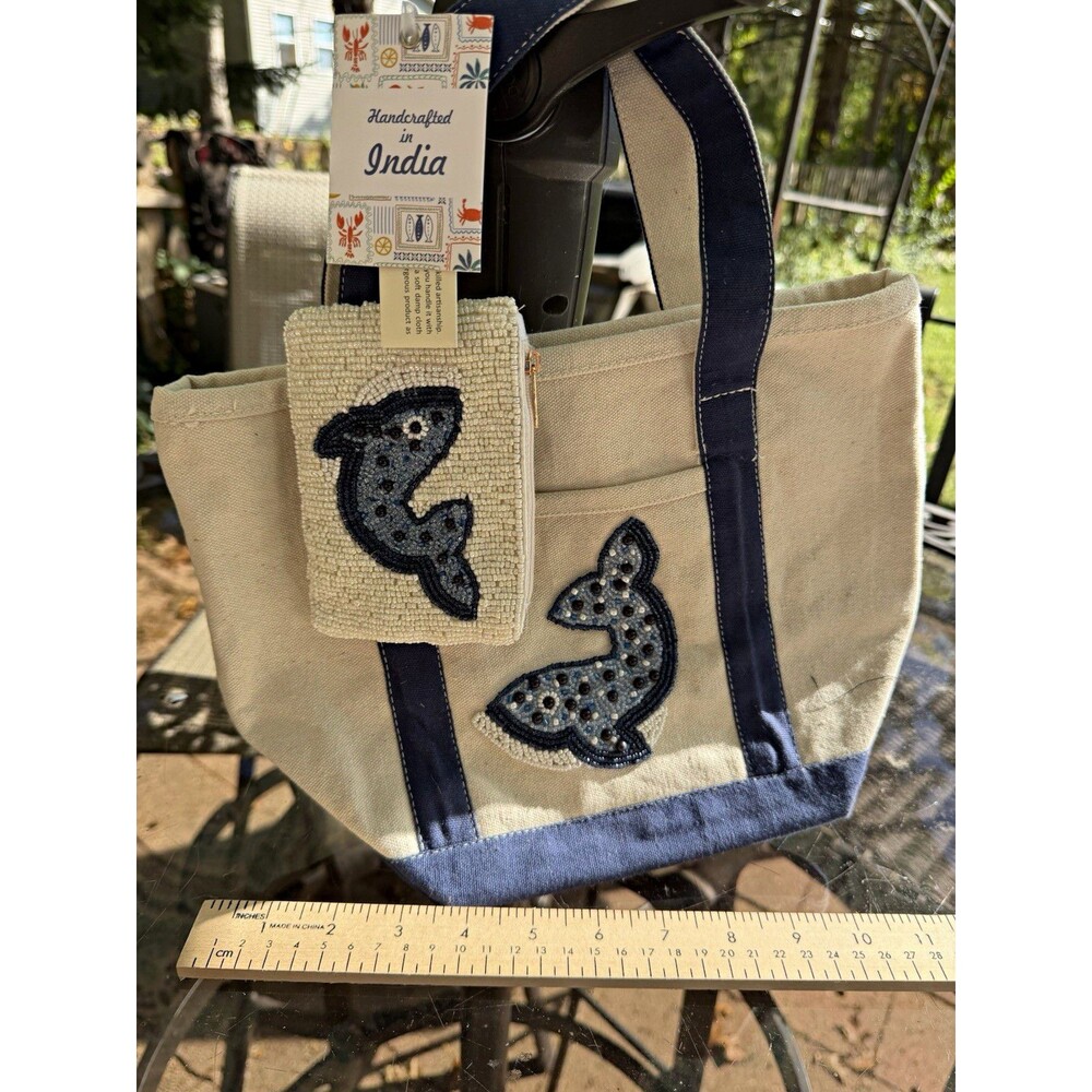 Handmade Canvas Tote Bag Beige Blue Whale Beaded Applique Detachable Zip Pouch